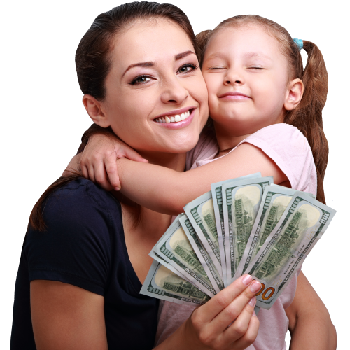 mom and daughter smiling with title pawn cash in hand